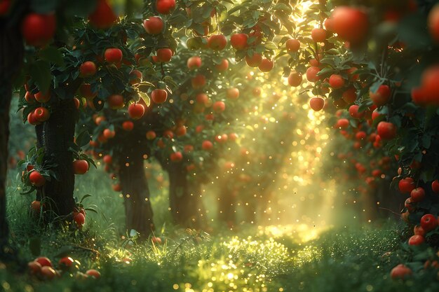 Weelderig bos met een overvloed aan rode appels