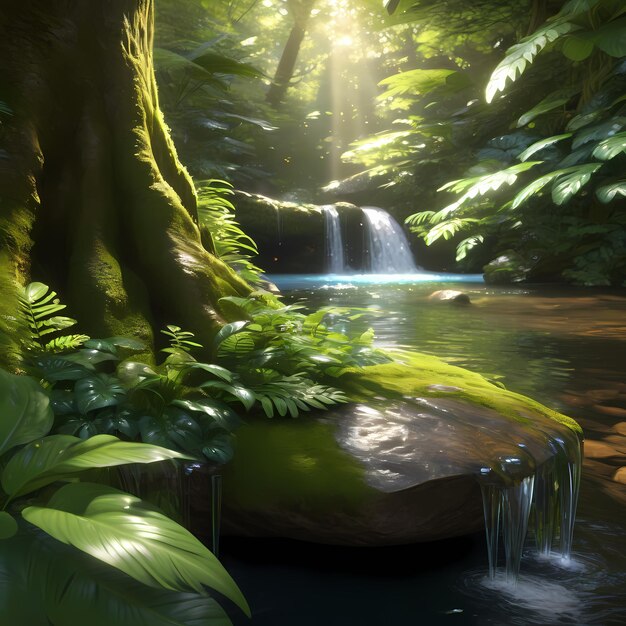 Weelderig dicht bos met levendig groen gebladerte Zonlicht dat door het bladerdak stroomt Een kleine waterval