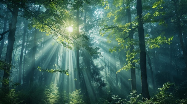 Weelderig groen bos vol met een groot aantal hoge bomen in natuurlijke pracht