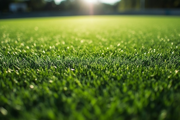 Weelderig groen synthetisch gras op het voetbalveld met een deel van het voetbaldoel en schaduw van het doelnet