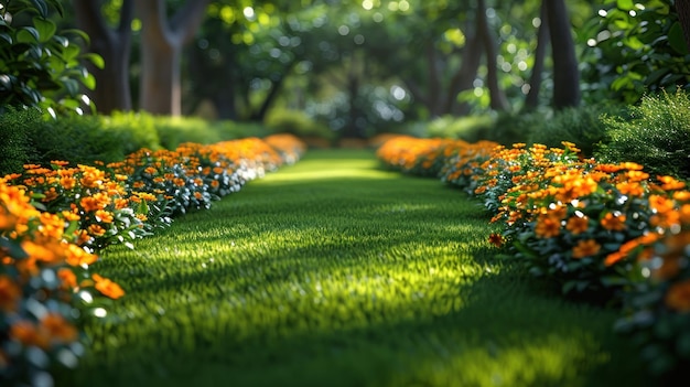 Foto weelderig groen veld met oranje en witte bloemen