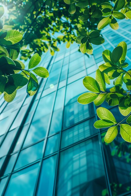 Foto weelderig groen voor de moderne kantoortoren van blauw glas