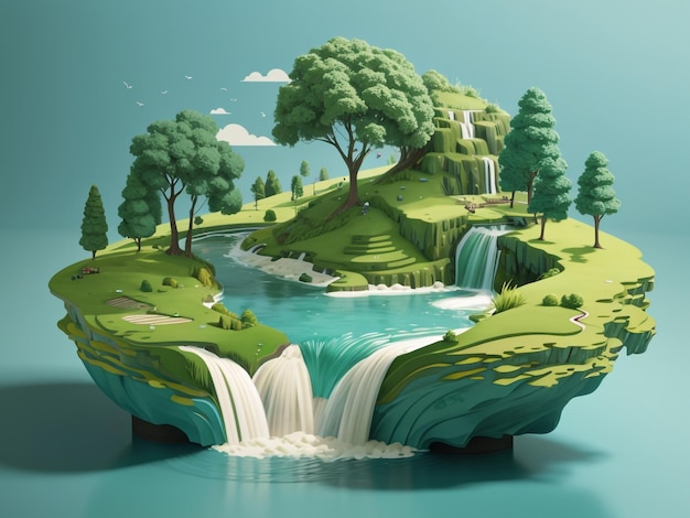 Weelderig landschap 3D-illustratie van gesneden grasgrond met landschapsarchitectuur