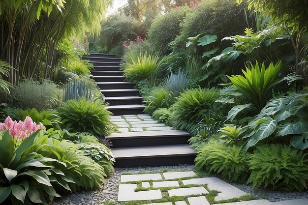 Weelderig tuinpad met hedendaagse trappen