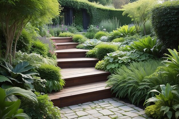 Foto weelderig tuinpad met hedendaagse trappen