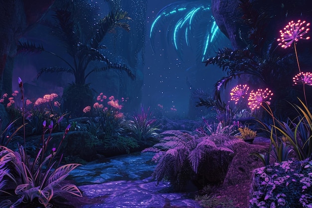 Weelderige alien jungle met bioluminescerende flora in een buitenaardse 3D-omgeving dompelt waarnemers in fantastische landschappen