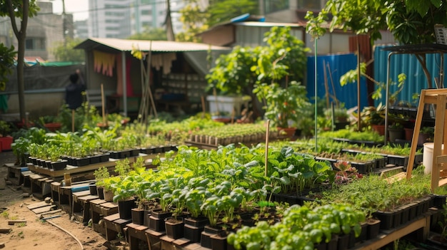 Weelderige balkontuin met een verscheidenheid aan planten en bloemen die een bakstenen gebouw sieren