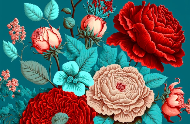 Weelderige bloemenillustratie op een botanische behangachtergrond met gedetailleerde pastelpatronen, perfect voor interieurprojecten, huisdecoratie, patroonontwerp, textiel en bloemsierkunst., Gemaakt met Ge