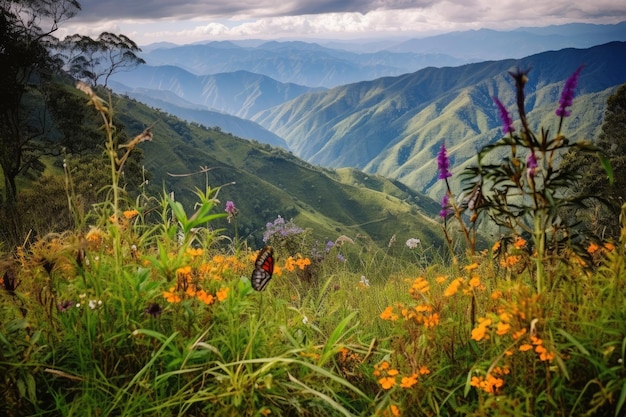 Weelderige Colombiaanse natuur bergen bossen en meanderende rivier generatieve IA