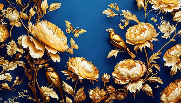 Weelderige elegantie goudfolie op blauw met pioenrozen vogels en vlinders vintage luxe voor textiel