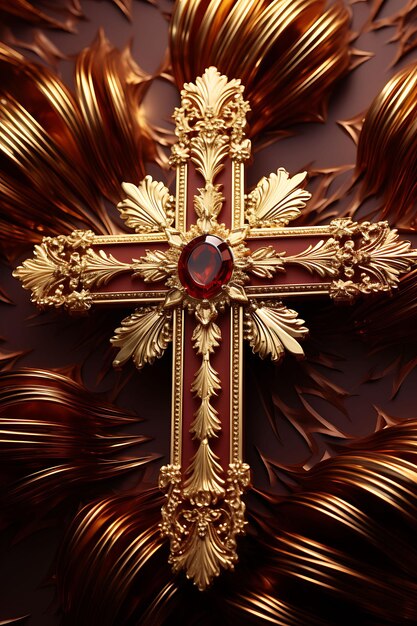 Weelderige gouden heilige kruis en juwelen palmbladeren Decorati Cross Palmzondag foto christelijke kunst