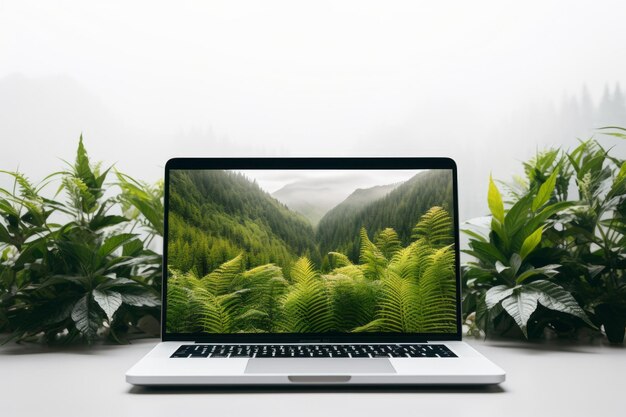 Weelderige groene planten en varens voor een laptop met een dichtgroen bos