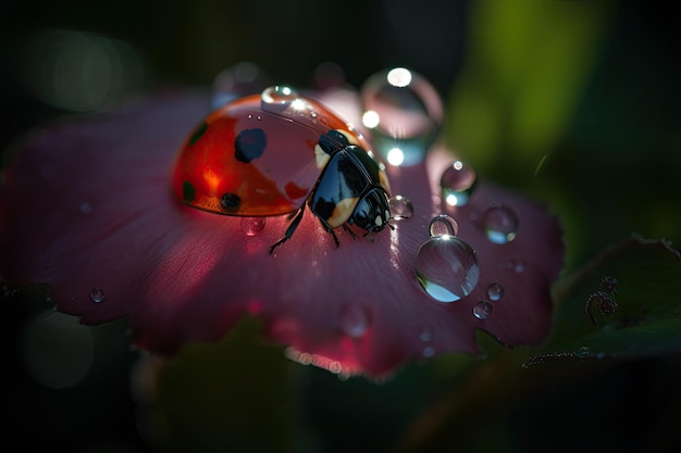 Weelderige lente ladybug op rozenblaadje generatieve IA