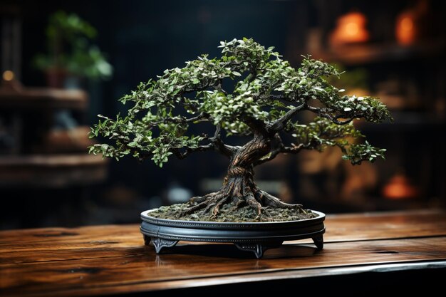 Weelderige miniatuurboom op houten tafel die de natuur en de esthetiek van het interieur overbrugt