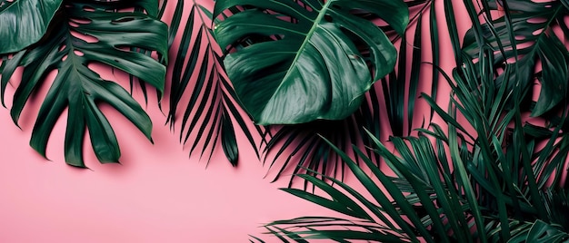 Weelderige monstera bladeren tegen een levendige roze achtergrond