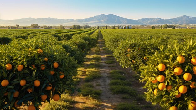 Weelderige sinaasappelbomen Een prachtig uitzicht op bloeiende sinaasappelbomen in uitgestrekte plantages die de levendige schoonheid van de citrusboerderij tonen