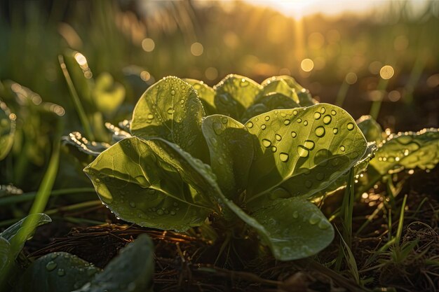 Weelderige sla glinstert in de zon omringd door weelderige groene bladeren generatieve IA