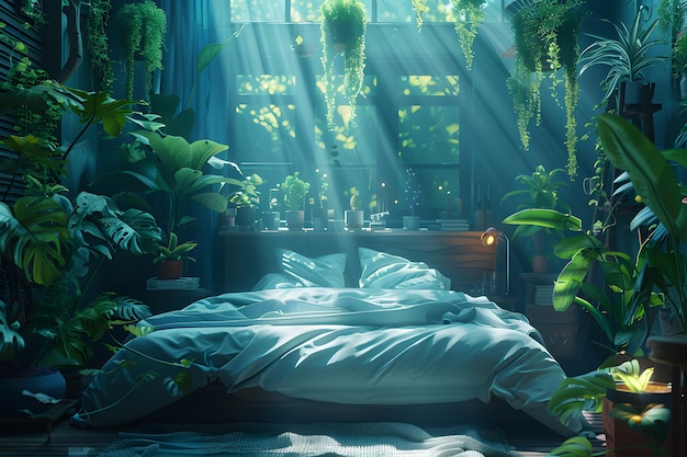Weelderige slaapkamer met veel planten die een natuurlijk landschap creëren met een gezellig bed