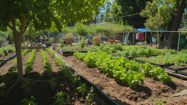 Weelderige stedelijke tuin met verhoogde bedden met verse producten in een gemeenschappelijke gedeelde ruimte