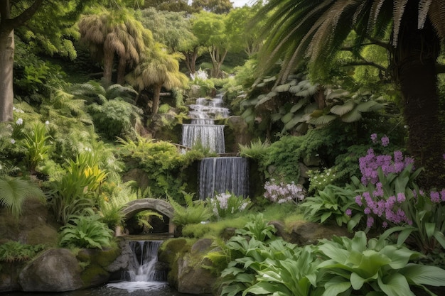 Weelderige tuin met trapsgewijze waterval omgeven door groen