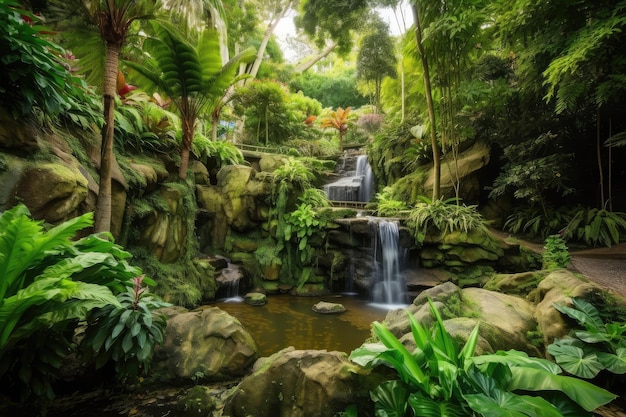 Weelderige tuinlandschappen met waterval en beek omgeven door groen