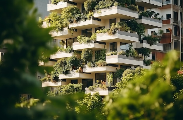 Weelderige vegetatie op de balkons van moderne appartementen