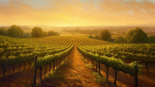 Foto weelderige wijngaard rijen wijnstokken landbouwgrond zonsondergang olieverfschilderij scenic winery