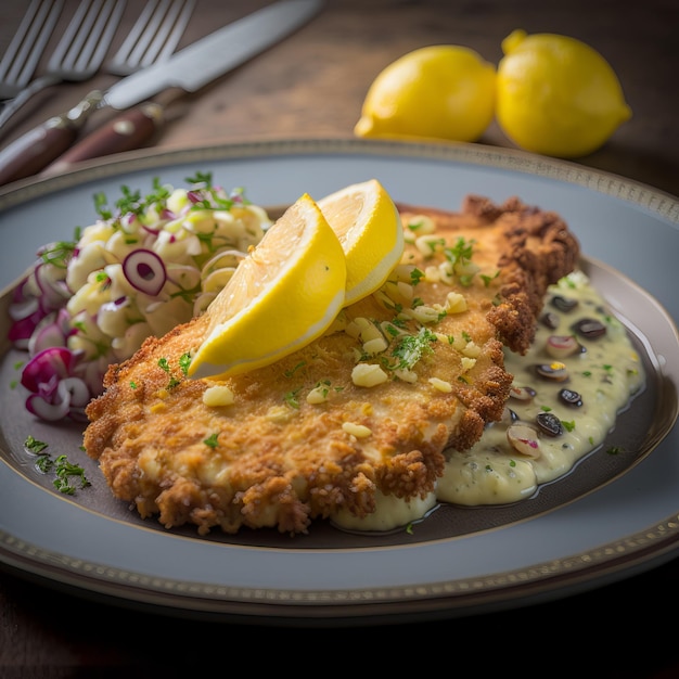 Weense schnitzel, een schijfje citroen, aardappelsalade