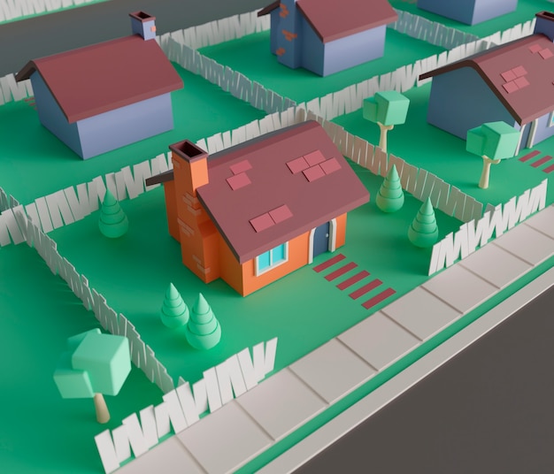 Weergave van 3D-huis met bomen