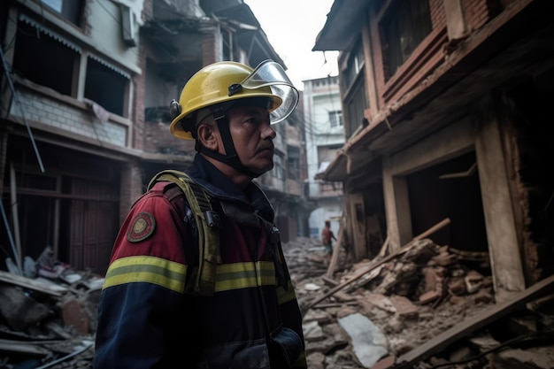 Weergave van brandweerman redder onder getroffen gebouwen generatieve ai
