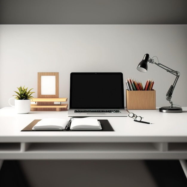 weergave van een bureau met accessoires minimalistische werkplek generatieve AI