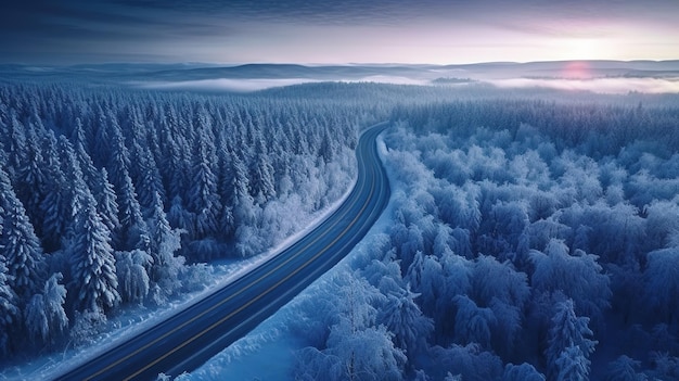 Weergave van een sereen boslandschap met weg te midden van de sneeuw Generatieve AI