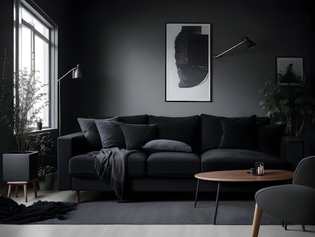 weergave van modern interieur in scandinavische stijl met bank dichtbij zicht donker thema gegenereerd ai