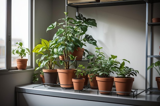 Weergave van potplant in kamer op metalen plank