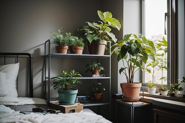 Weergave van potplant in kamer op metalen plank