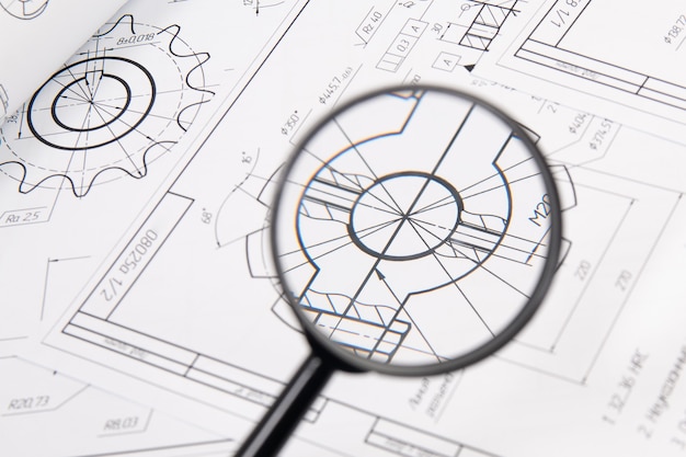 Weergave van technische tekeningen door een vergrootglas