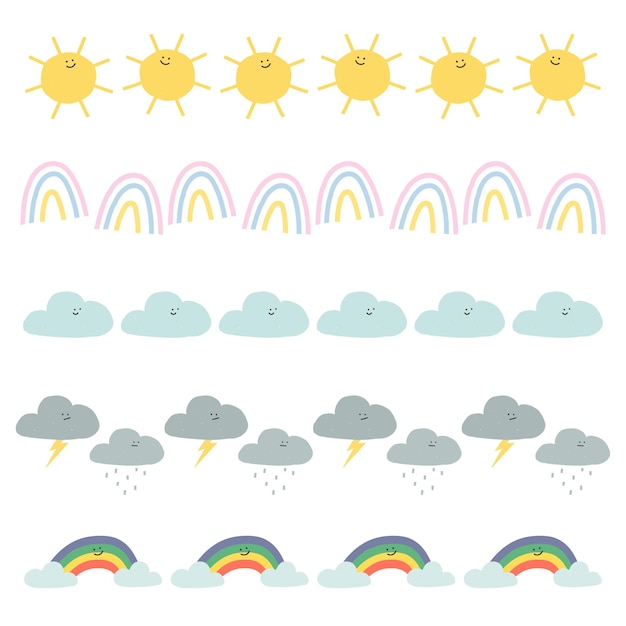 Weerpictogram penseel png met de hand getekende doodle klimaat patroon set
