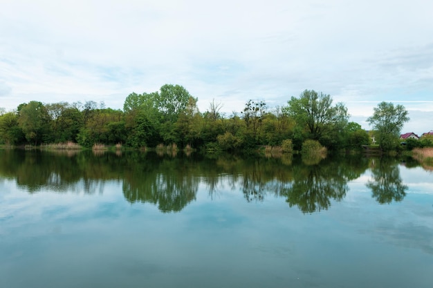 Weerspiegeling van bomen en lucht in het water