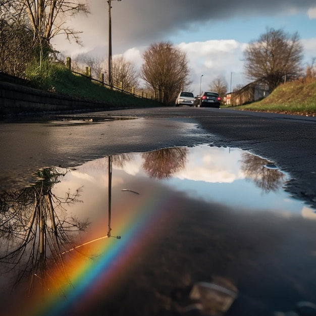 weerspiegeling van de regenboog en wolken in een plas na de regen prachtige lente achtergrond