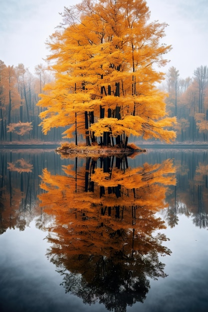 weerspiegeling van een herfstbos in het meer