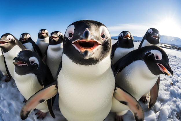 Wefie een groep wilde pinguïns met glimlach en gelukkig gezicht druk hyper realistisch