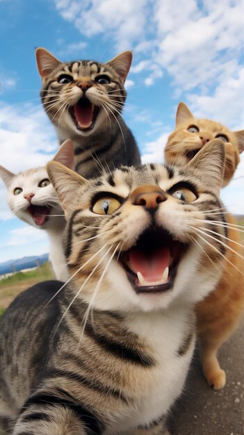 Foto wefie katten met glimlach en blij gezicht schattig pluizig hyperrealistisch mooi dromerig licht