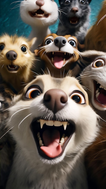 Foto wefie vari animali con sorriso e faccia felice