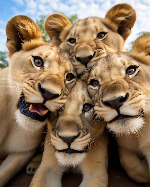 Foto wefie verschillende dieren met glimlach en gelukkig gezicht staande op een grote wereldbol leeuw tijger hert aap c