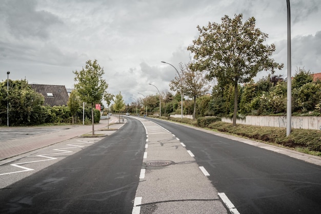 Weg door bomen tegen bewolkte lucht