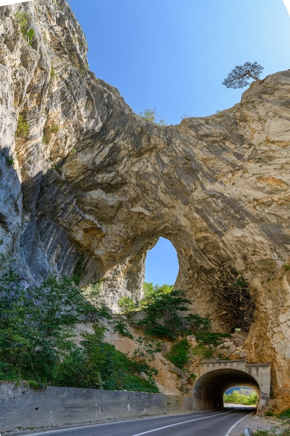 Weg en tunnel bij piva-meer in de slaapzaal van het nationale park van montenegro in de zomer