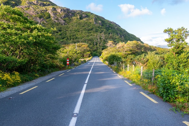 Weg in connemara met uitzicht op de bergen aan de horizon.