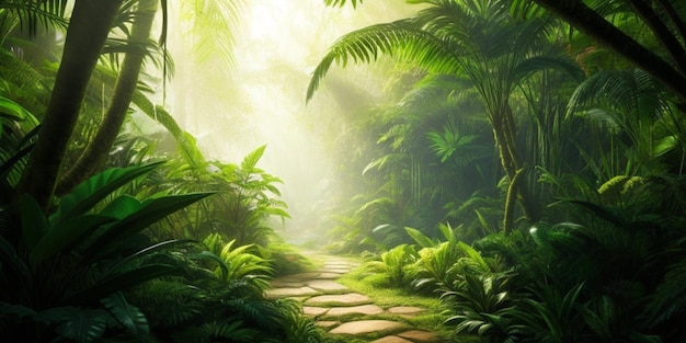 Weg in de jungle met zonnestralen