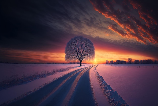 Weg in een uitgestrekt besneeuwd gebied met slechts één boom tijdens een prachtige zonsondergang