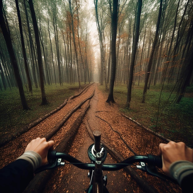 Weg in het bos door de ogen van een fietser eerste persoon schieten headmounted camera